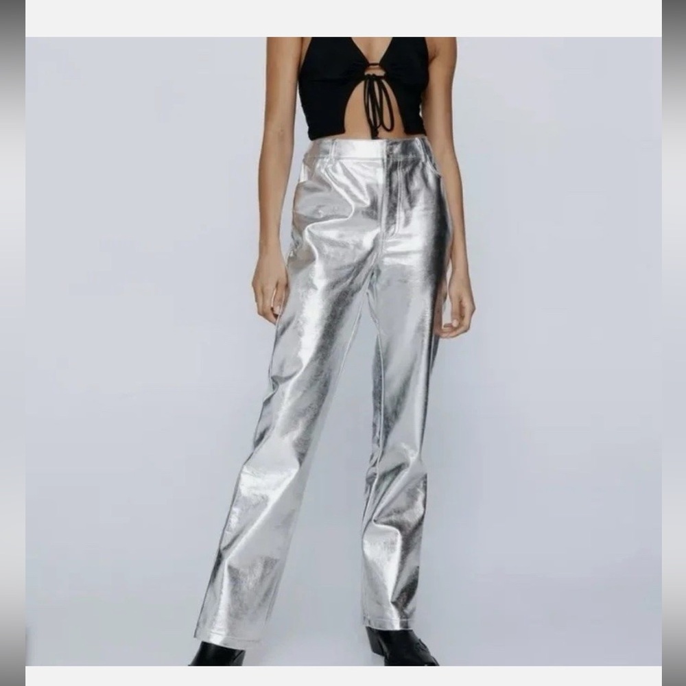 Nasty Gal Metallic Silver Star Pocket Flare Pants Women US 6 - Picture 2 of 12